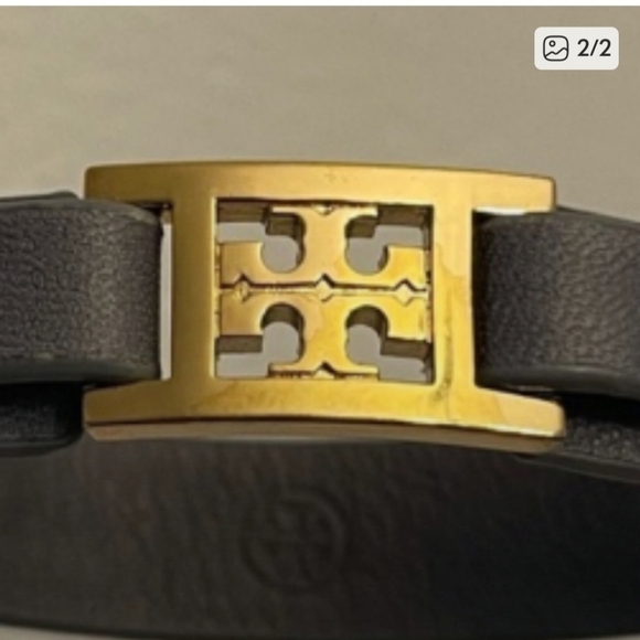 Tory Burch-Square Logo Double Strap Leather Bracelet (Charcoal Gray/ Gold) NWOT - Picture 2 of 2